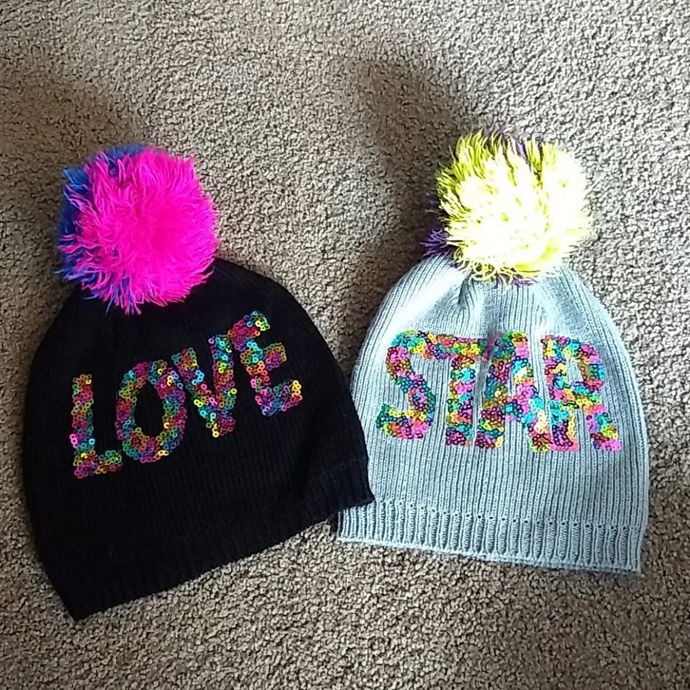 Love and Star‎ Sequin Hat Bundle Kids Hats with Pom Pom and Sequence